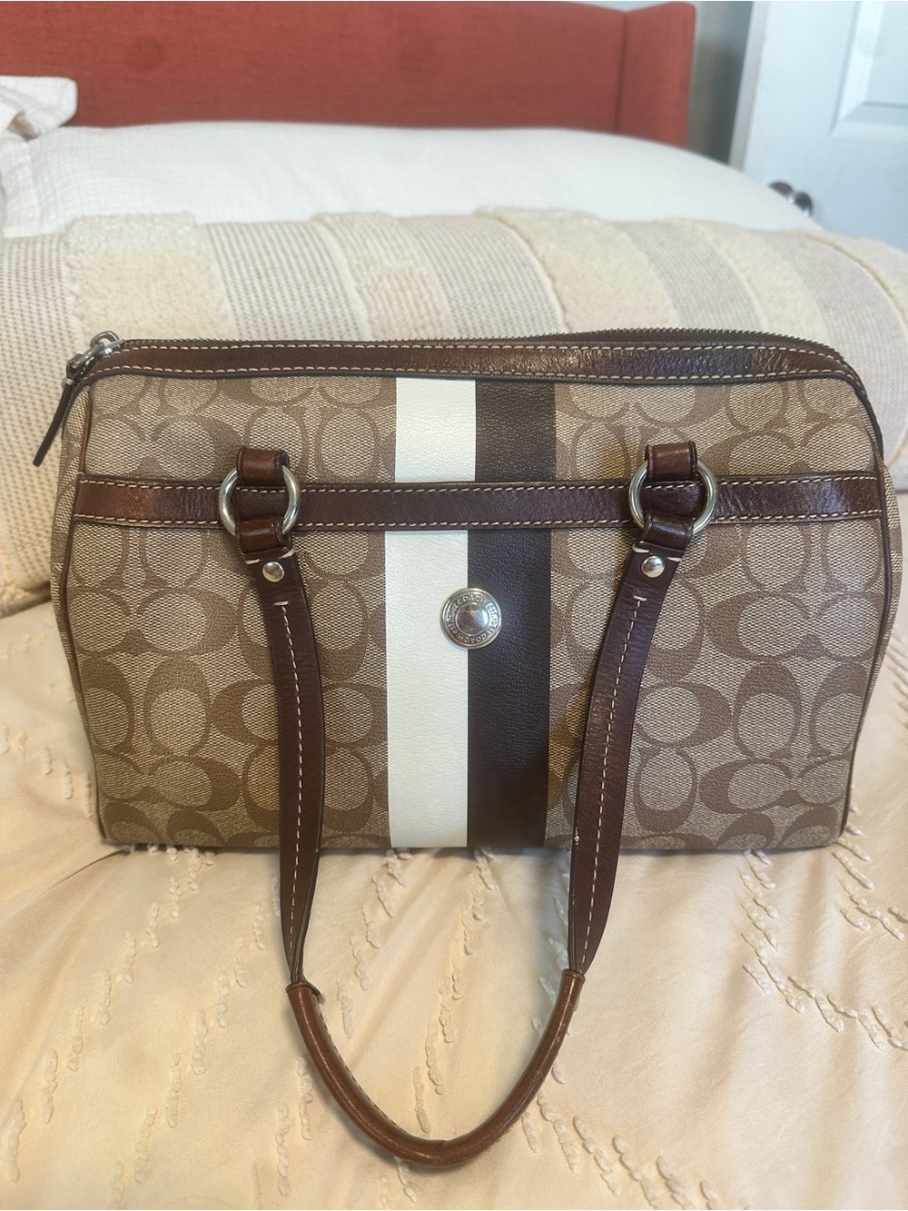 Coach Brown Signature Stripe Satchel with White Center Stripe PROJECT